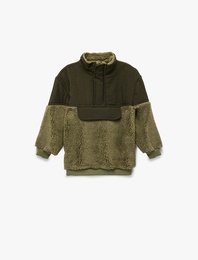 Dik Yaka Kumaş Detaylı Uzun Kollu Peluş Mont