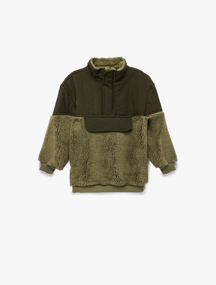 Erkek Bebek Dik Yaka Kumaş Detaylı Uzun Kollu Peluş Mont