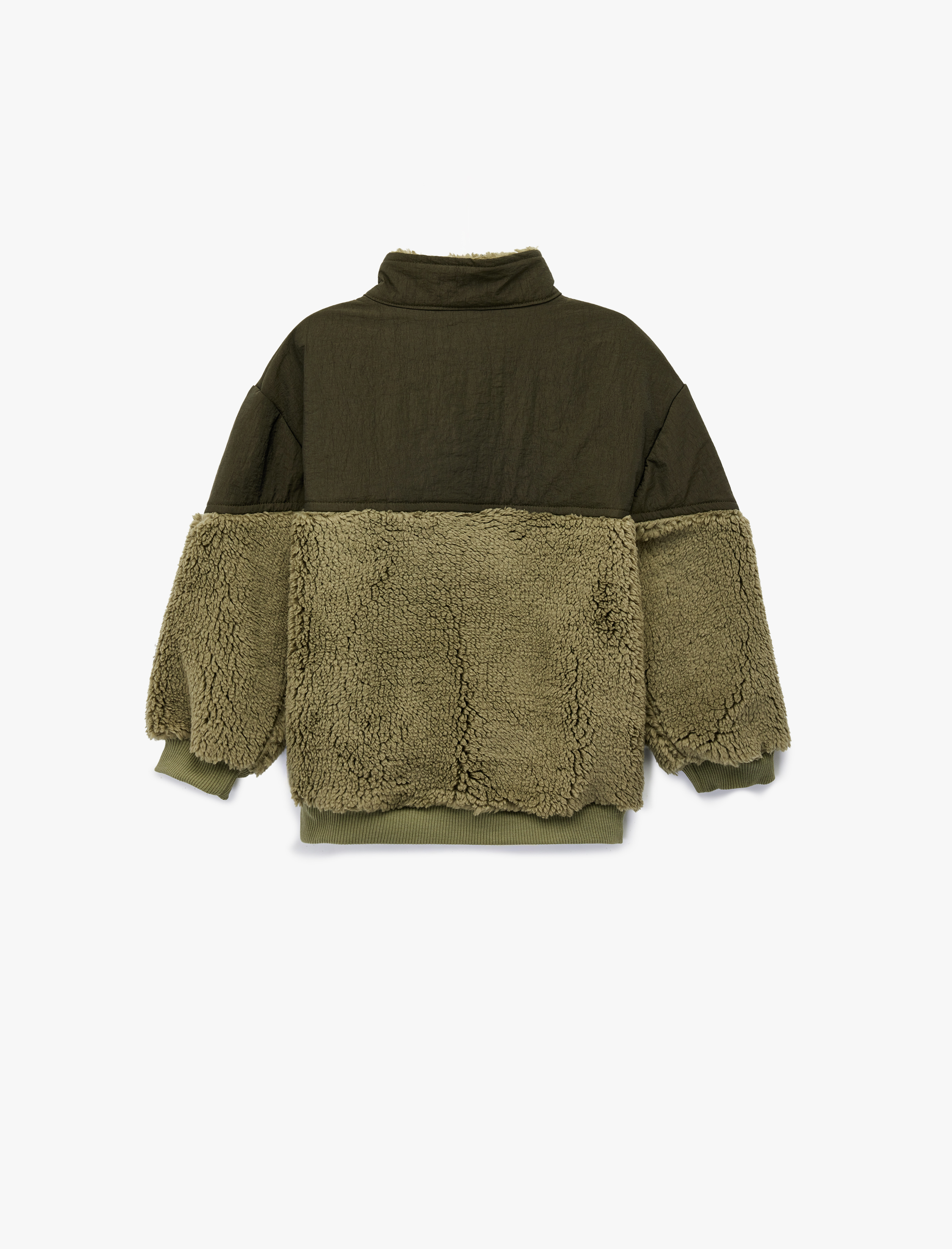  Erkek Bebek Dik Yaka Kumaş Detaylı Uzun Kollu Peluş Mont