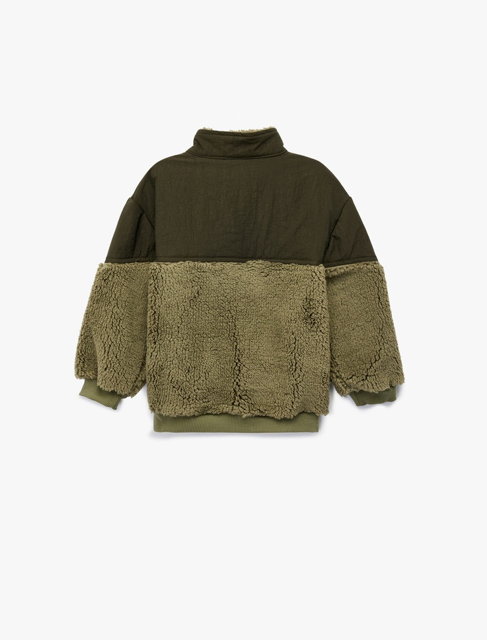 Erkek Bebek Dik Yaka Kumaş Detaylı Uzun Kollu Peluş Mont