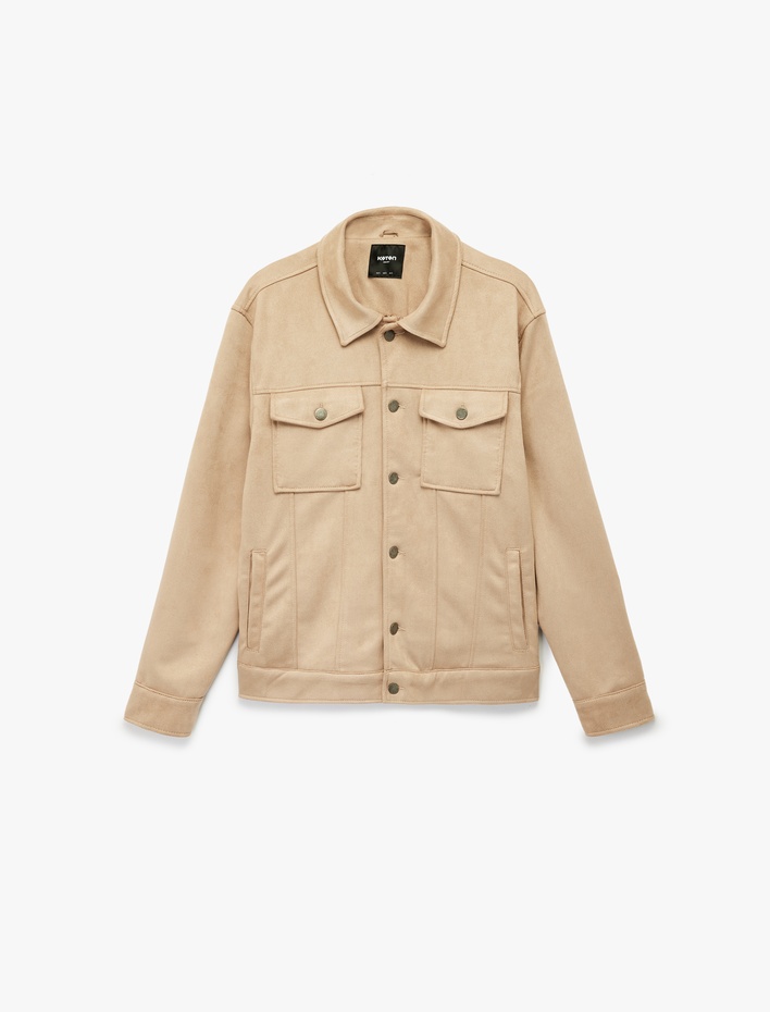  Regular Fit Kapaklı Cepli Gömlek Yaka Düğmeli Suni Süet Ceket