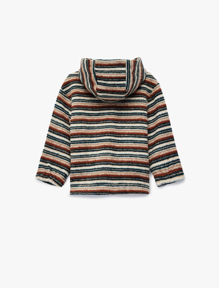 Erkek Bebek Düğmeli Kapüşonlu Uzun Kollu Çizgili Sweatshirt