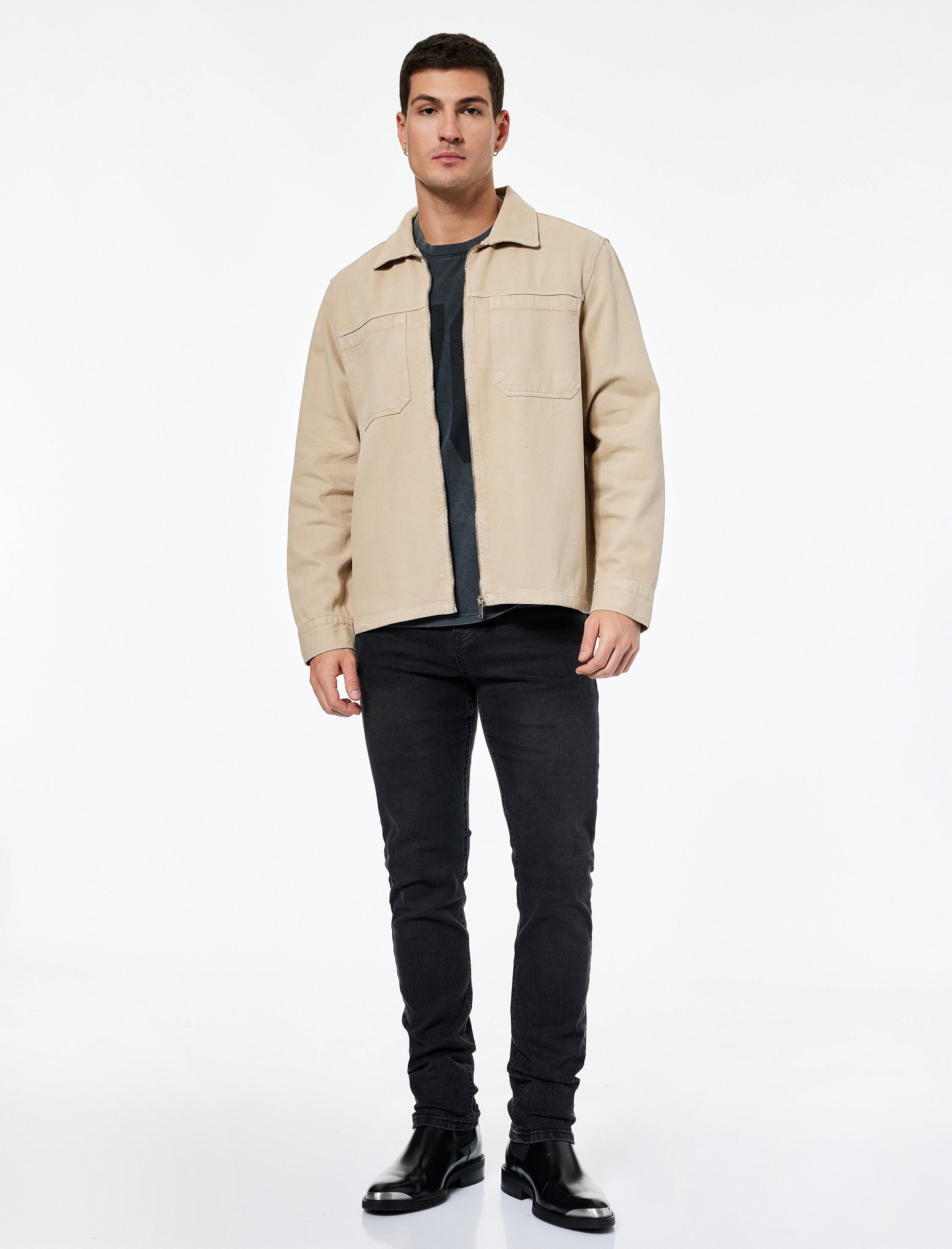   Regular Fit Klasik Yaka Cepli Pamuklu Fermuarlı Gömlek Ceket