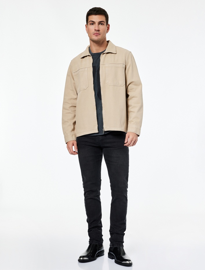  Regular Fit Klasik Yaka Cepli Pamuklu Fermuarlı Gömlek Ceket