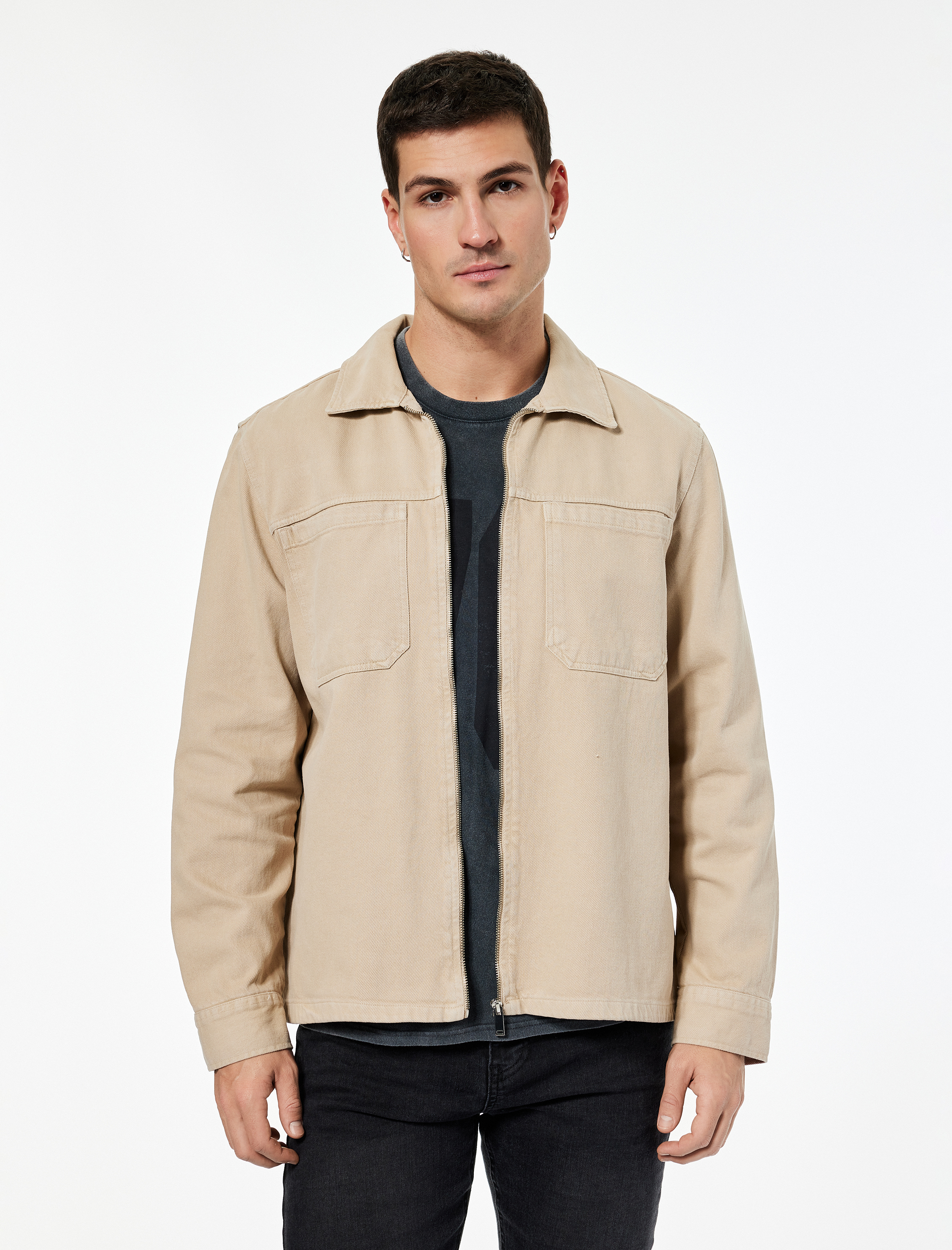   Regular Fit Klasik Yaka Cepli Pamuklu Fermuarlı Gömlek Ceket