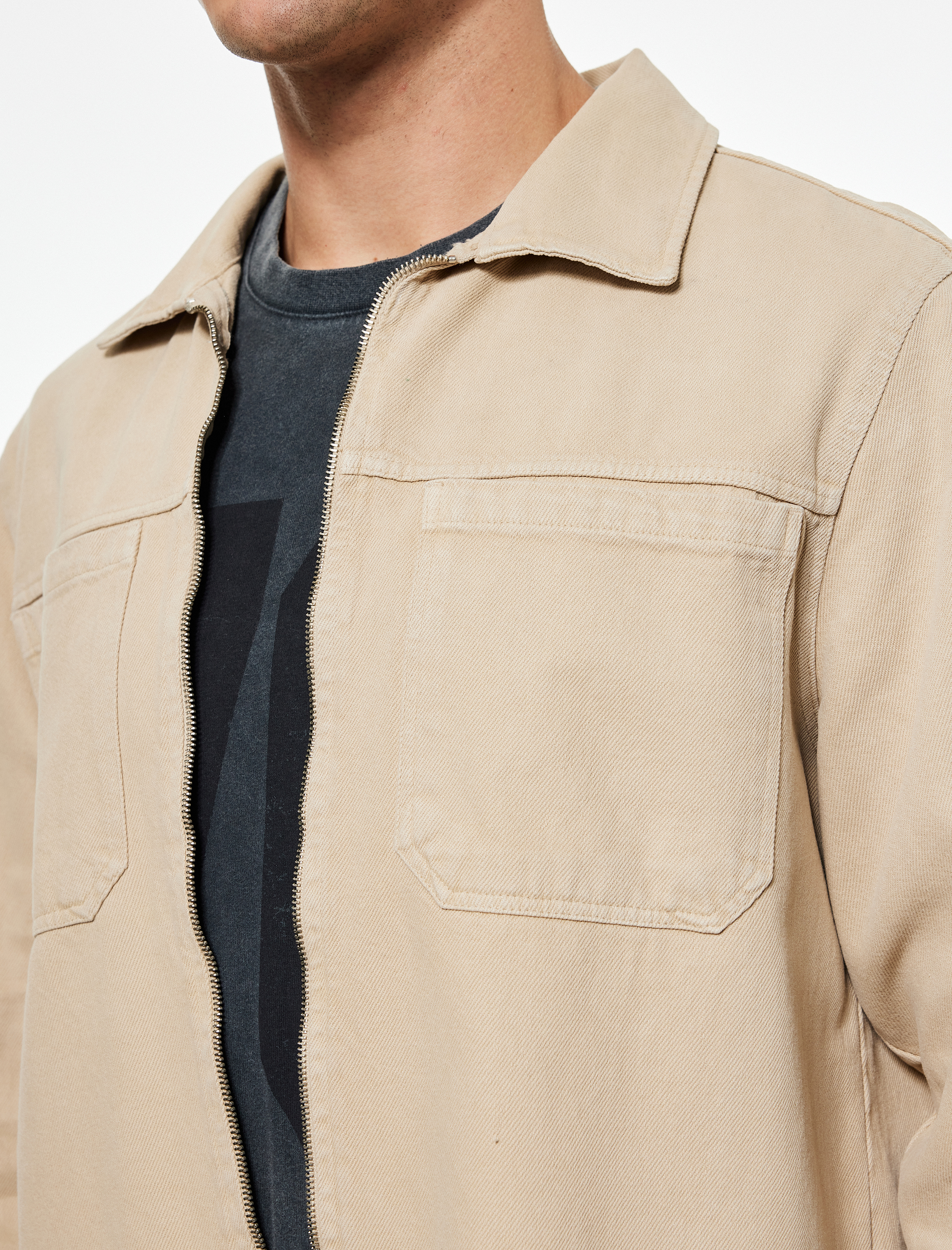   Regular Fit Klasik Yaka Cepli Pamuklu Fermuarlı Gömlek Ceket