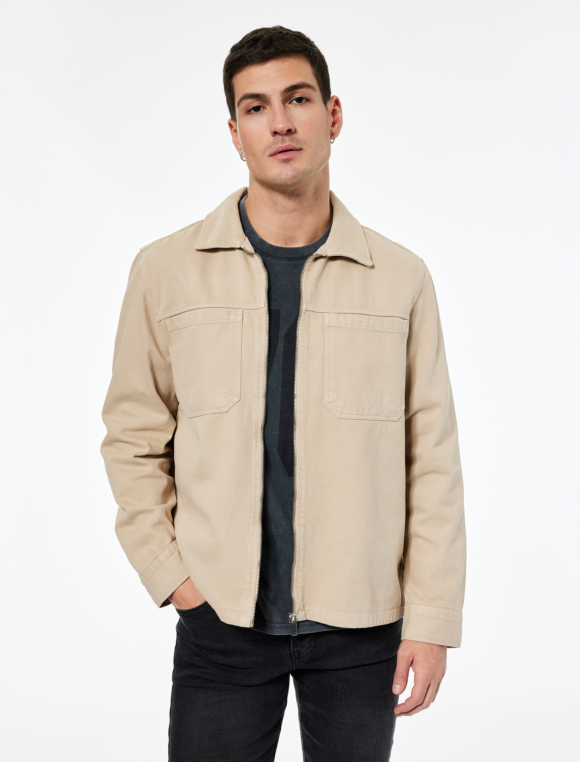   Regular Fit Klasik Yaka Cepli Pamuklu Fermuarlı Gömlek Ceket