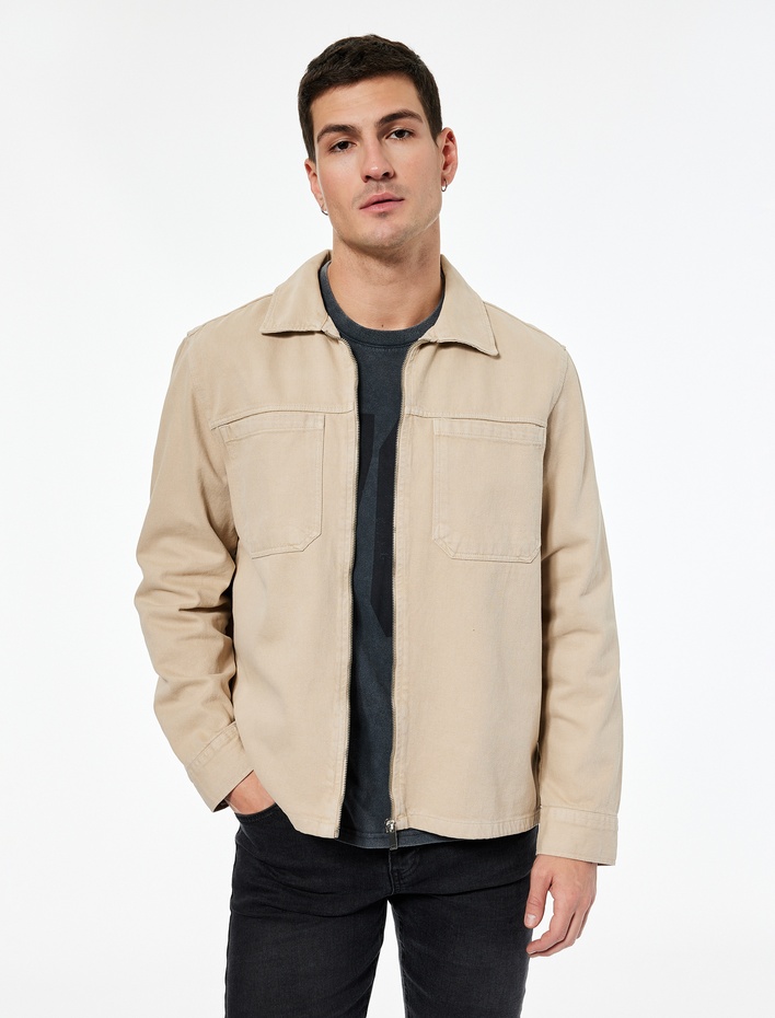  Regular Fit Klasik Yaka Cepli Pamuklu Fermuarlı Gömlek Ceket