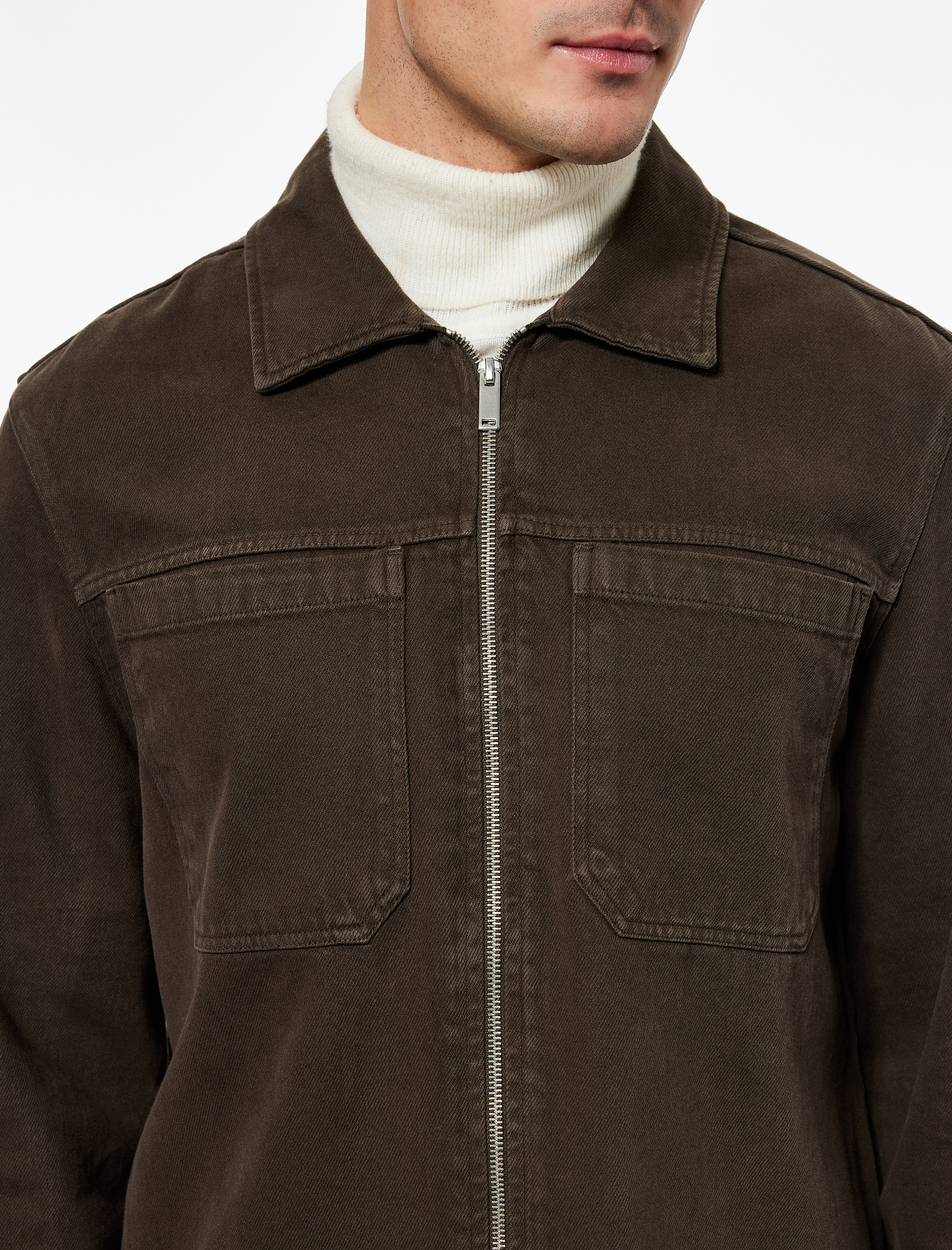   Regular Fit Klasik Yaka Cepli Pamuklu Fermuarlı Gömlek Ceket