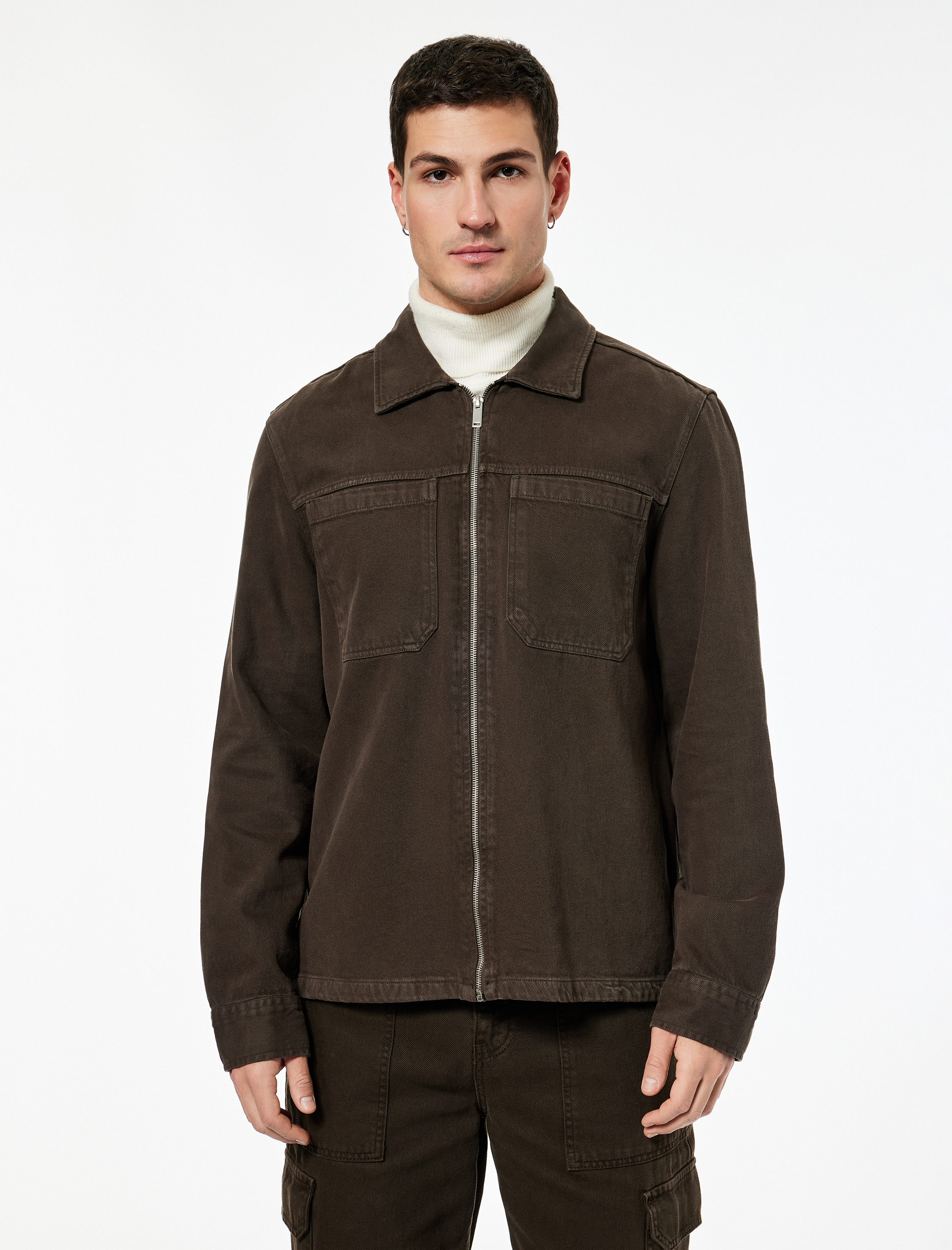   Regular Fit Klasik Yaka Cepli Pamuklu Fermuarlı Gömlek Ceket