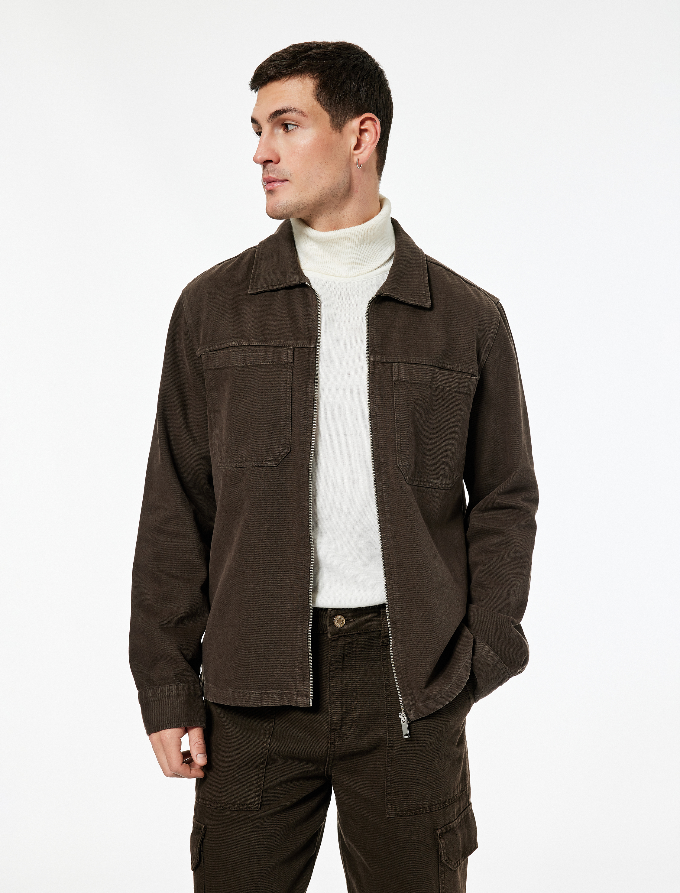   Regular Fit Klasik Yaka Cepli Pamuklu Fermuarlı Gömlek Ceket