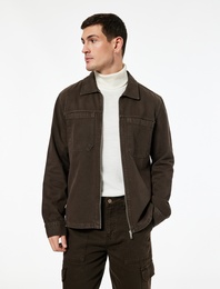 Regular Fit Klasik Yaka Cepli Pamuklu Fermuarlı Gömlek Ceket