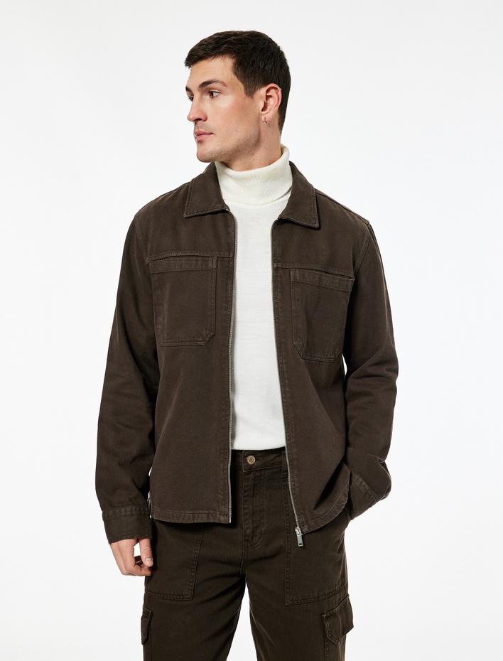  Regular Fit Klasik Yaka Cepli Pamuklu Fermuarlı Gömlek Ceket