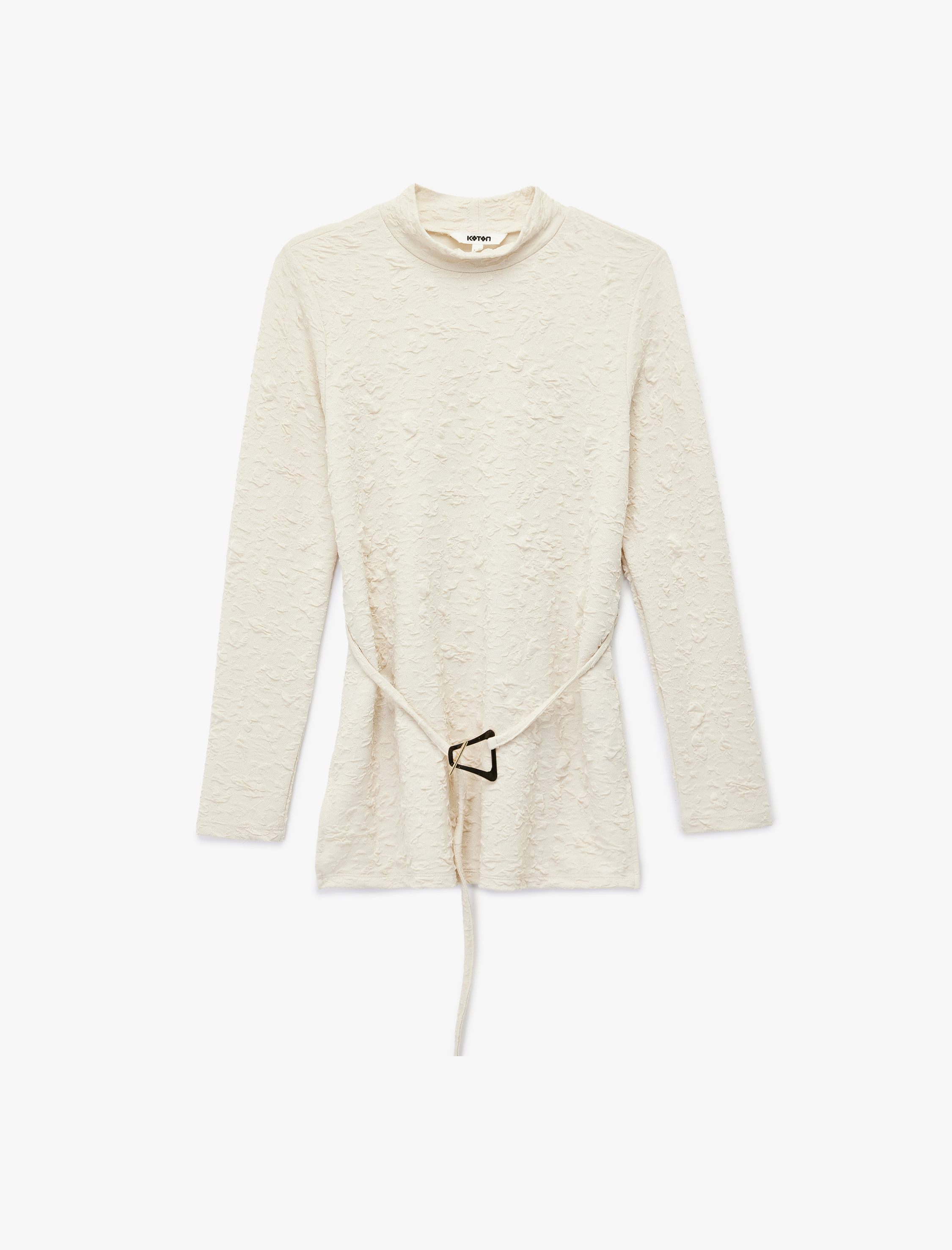   Uzun Kollu Kemer Detaylı Dik Yaka Dokulu Body