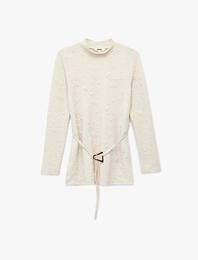 Uzun Kollu Kemer Detaylı Dik Yaka Dokulu Body