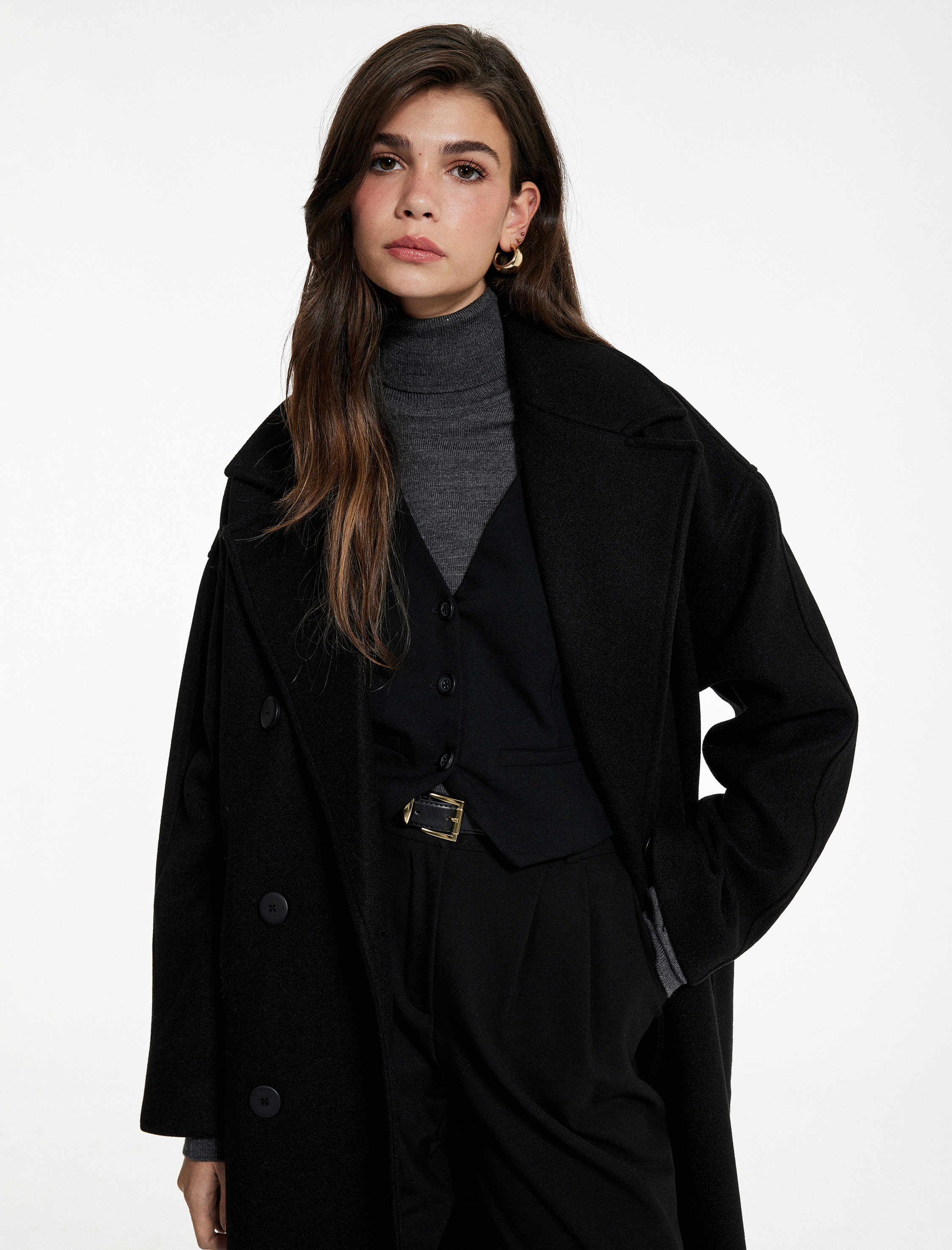   Uzun Kollu Cepli Kruvaze Kemerli Düğmeli Uzun Kaşe Kaban