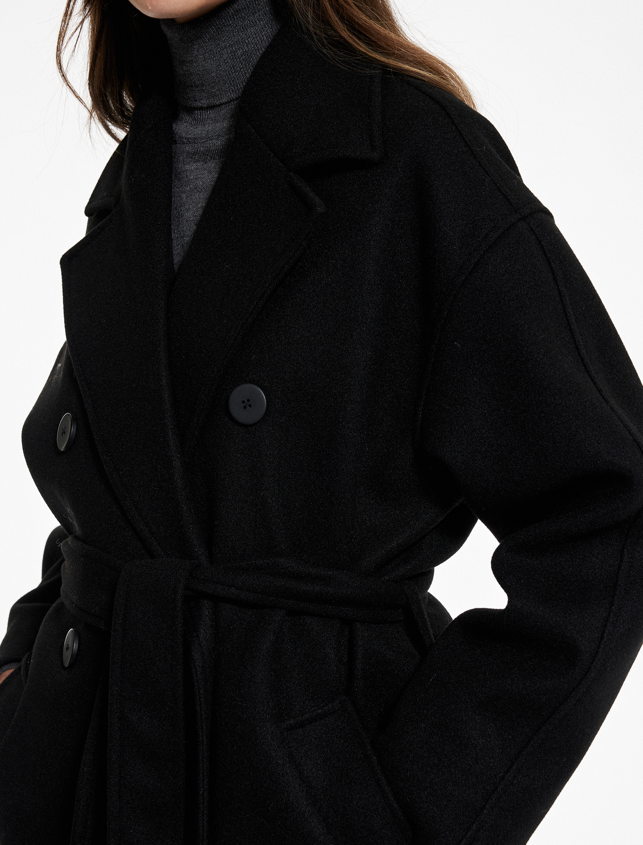   Uzun Kollu Cepli Kruvaze Kemerli Düğmeli Uzun Kaşe Kaban