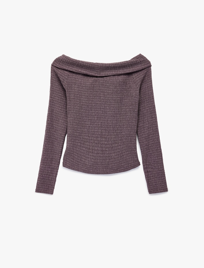  Bürümcük Kumaş Slim Fit Uzun Kollu Düğmeli Kayık Yaka Tişört