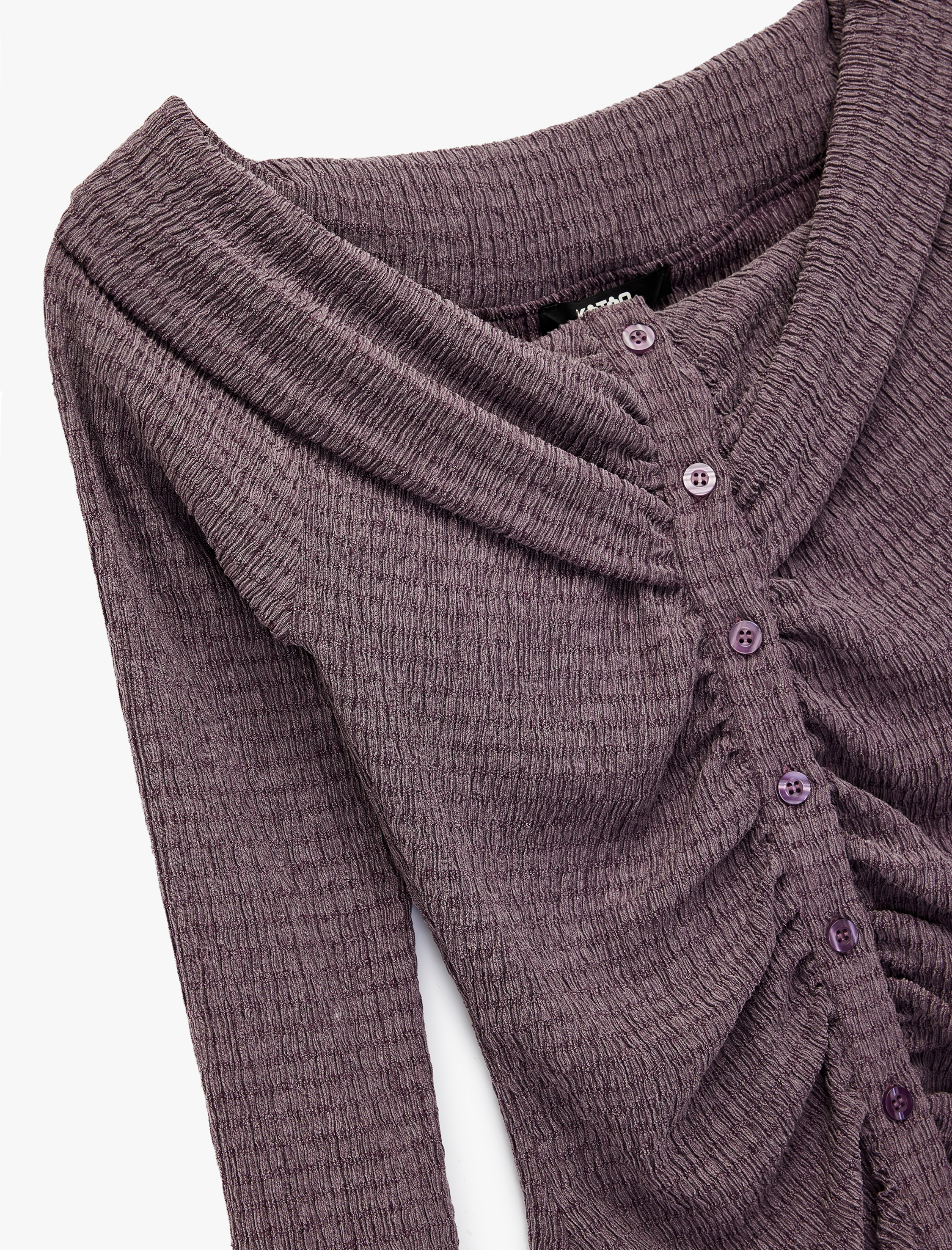   Bürümcük Kumaş Slim Fit Uzun Kollu Düğmeli Kayık Yaka Tişört