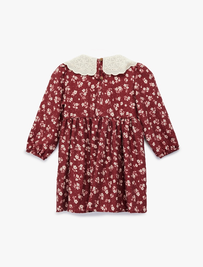 Kız Bebek Uzun Kollu Bebe Yaka Çiçekli Viskon Elbise