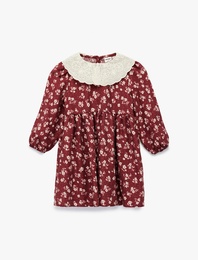 Uzun Kollu Bebe Yaka Çiçekli Viskon Elbise