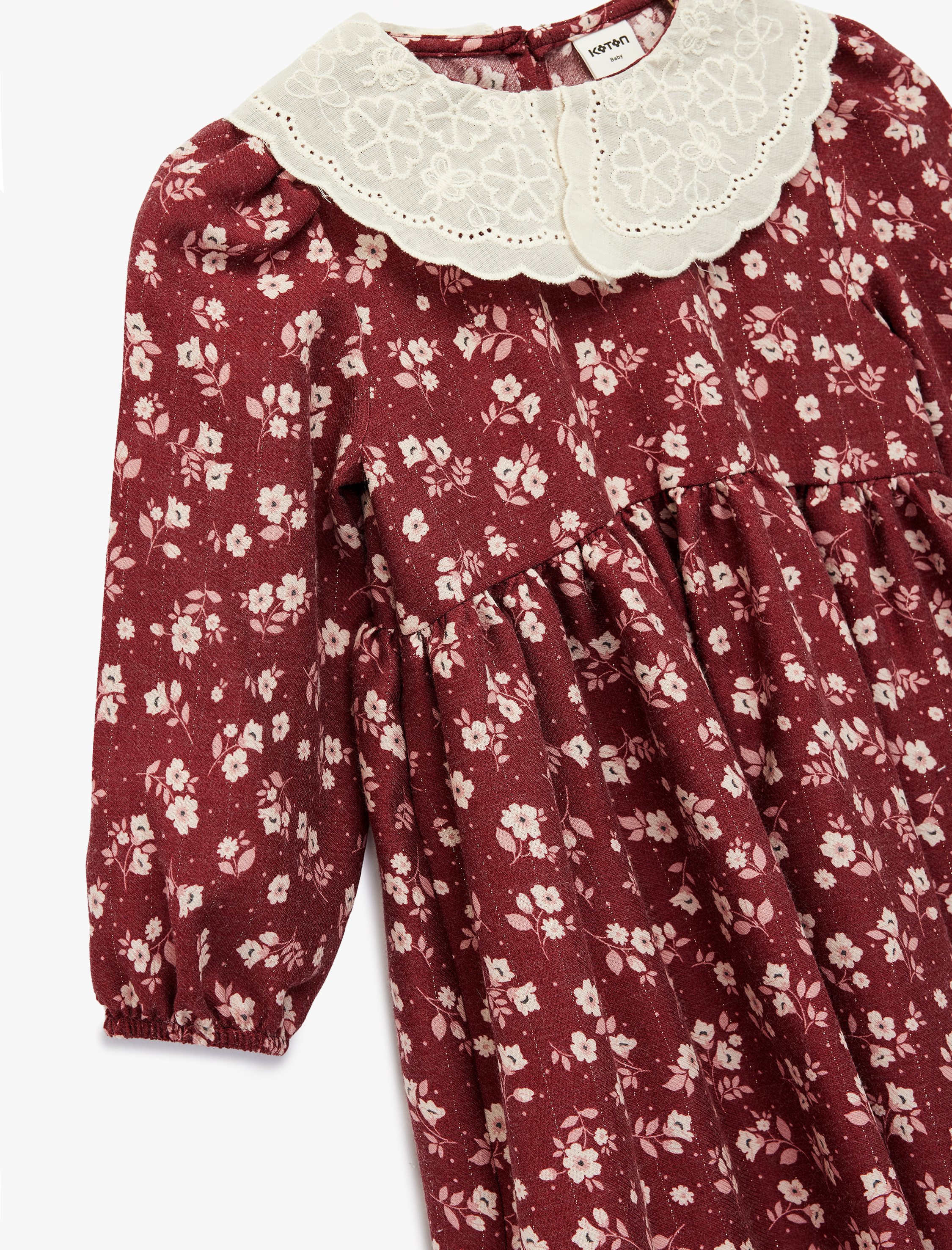  Kız Bebek Uzun Kollu Bebe Yaka Çiçekli Viskon Elbise