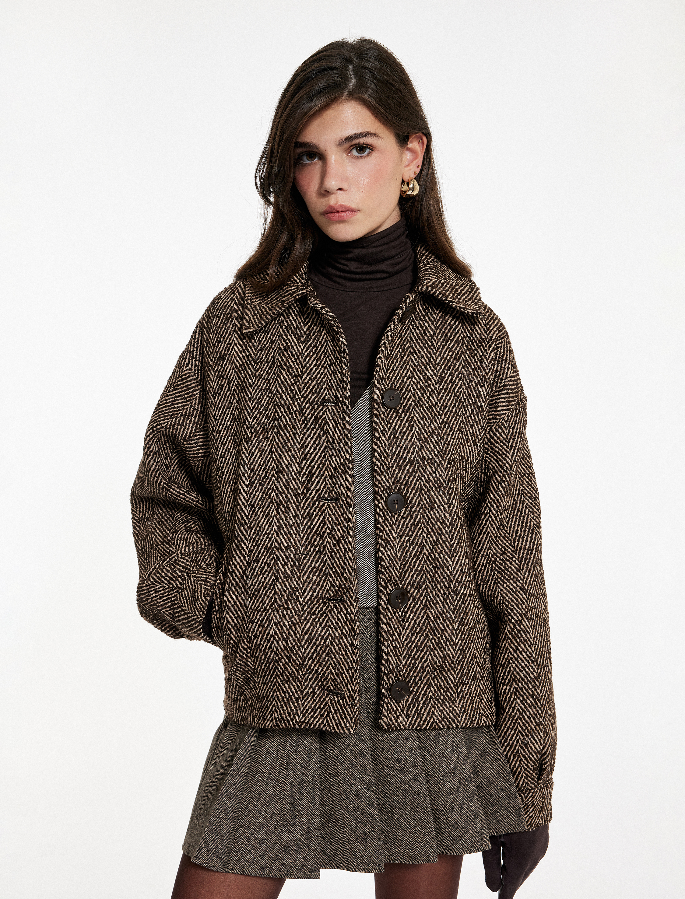   Koton X Melis Ağazat - Uzun Kollu Cepli Düğmeli Desenli Kaşe Ceket