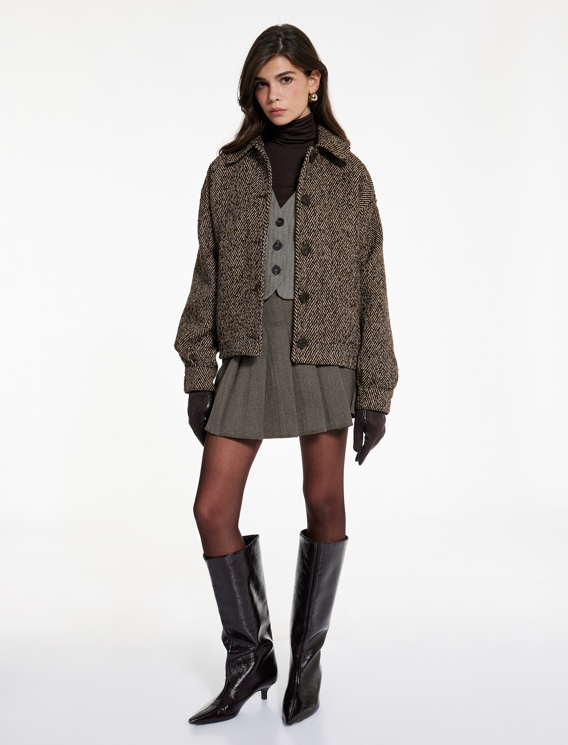   Koton X Melis Ağazat - Uzun Kollu Cepli Düğmeli Desenli Kaşe Ceket