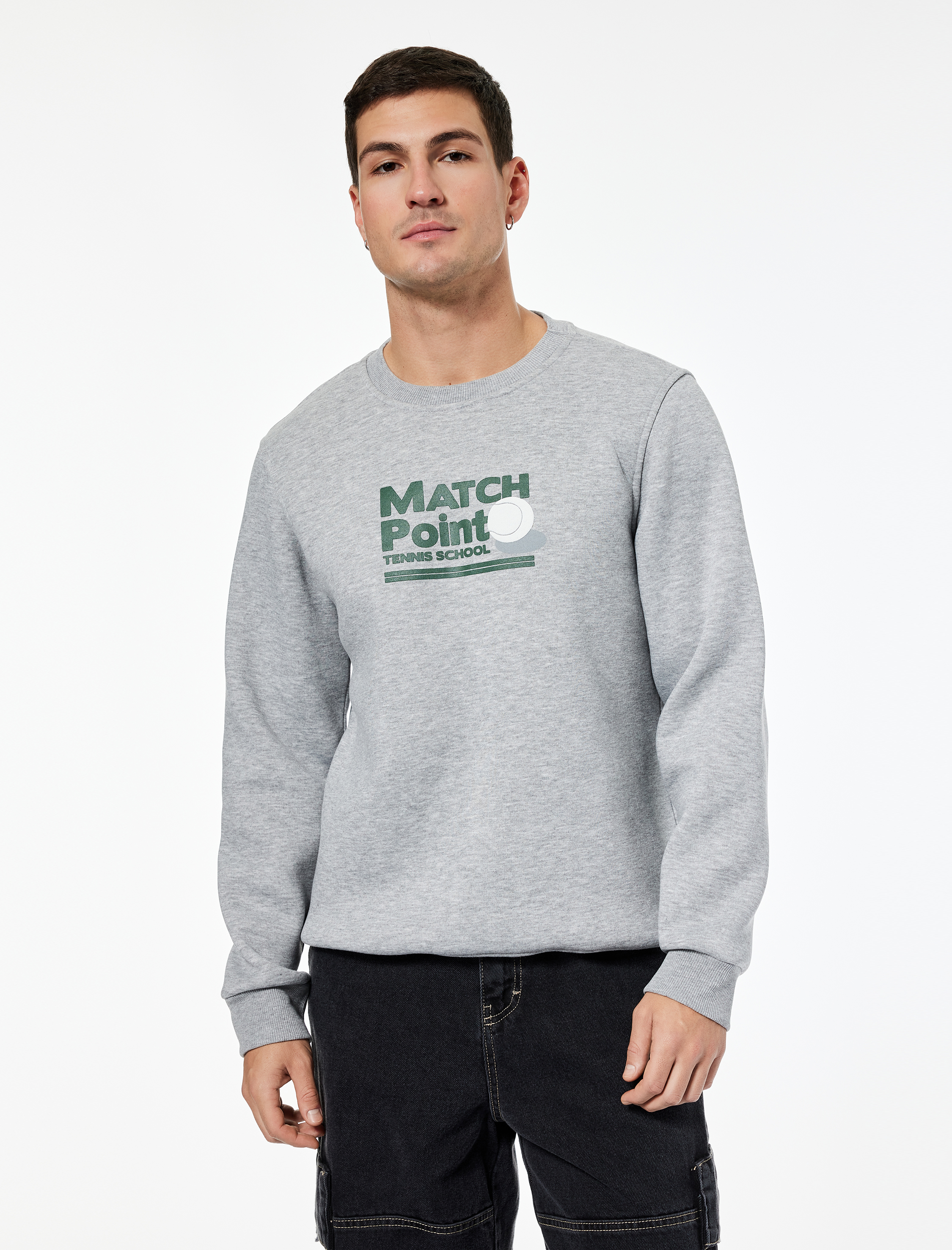   Uzun Kollu Bisiklet Yaka Şardonlu Baskılı Sweatshirt