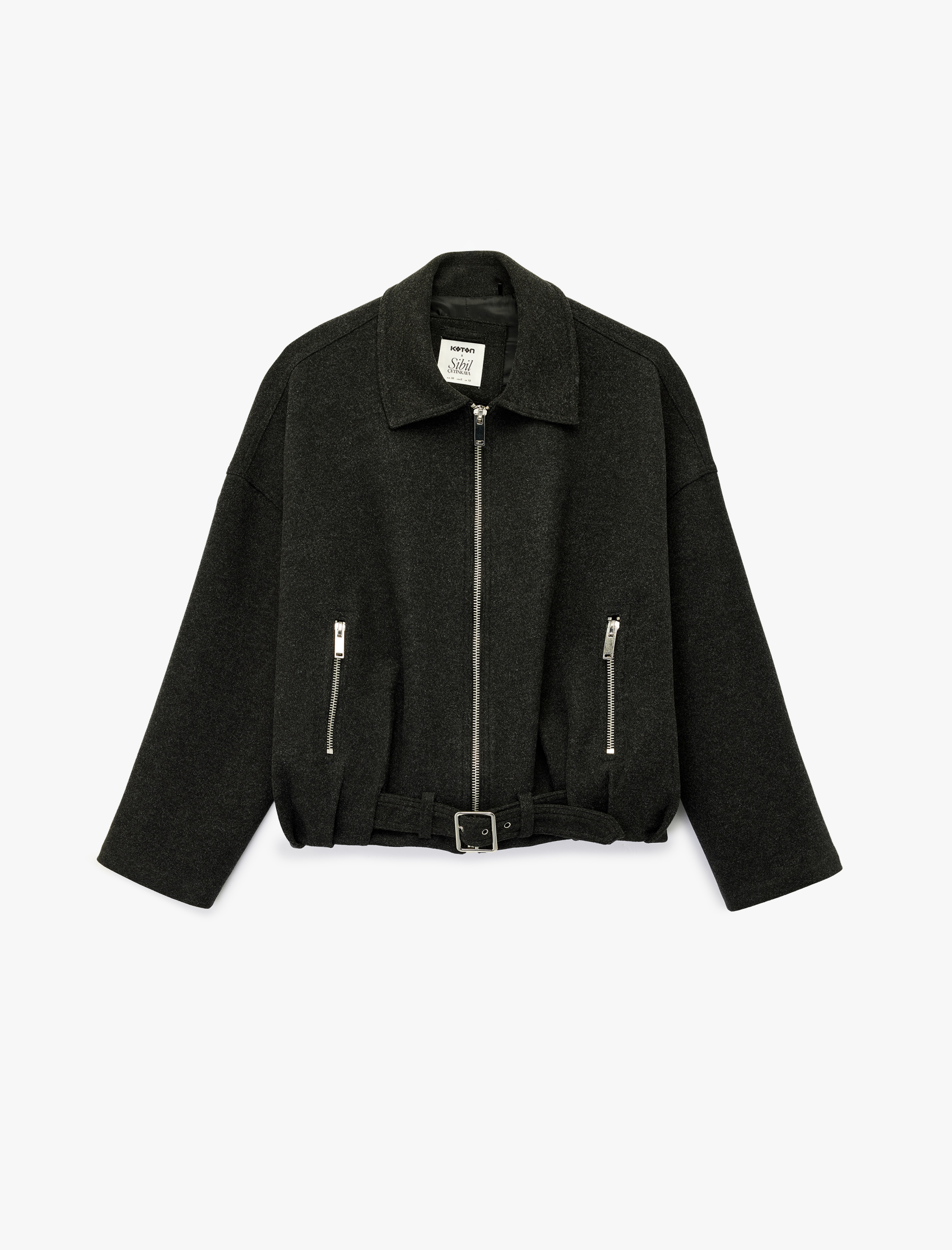   Koton X Sibil Çetinkaya - Uzun Kollu Fermuarlı Oversize Kaşe Bomber Ceket