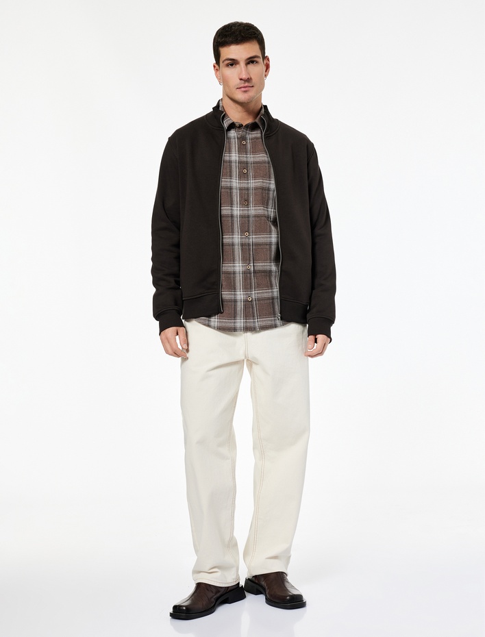  Şardonlu Uzun Kollu Cep Detaylı Basic Fermuarlı Hırka