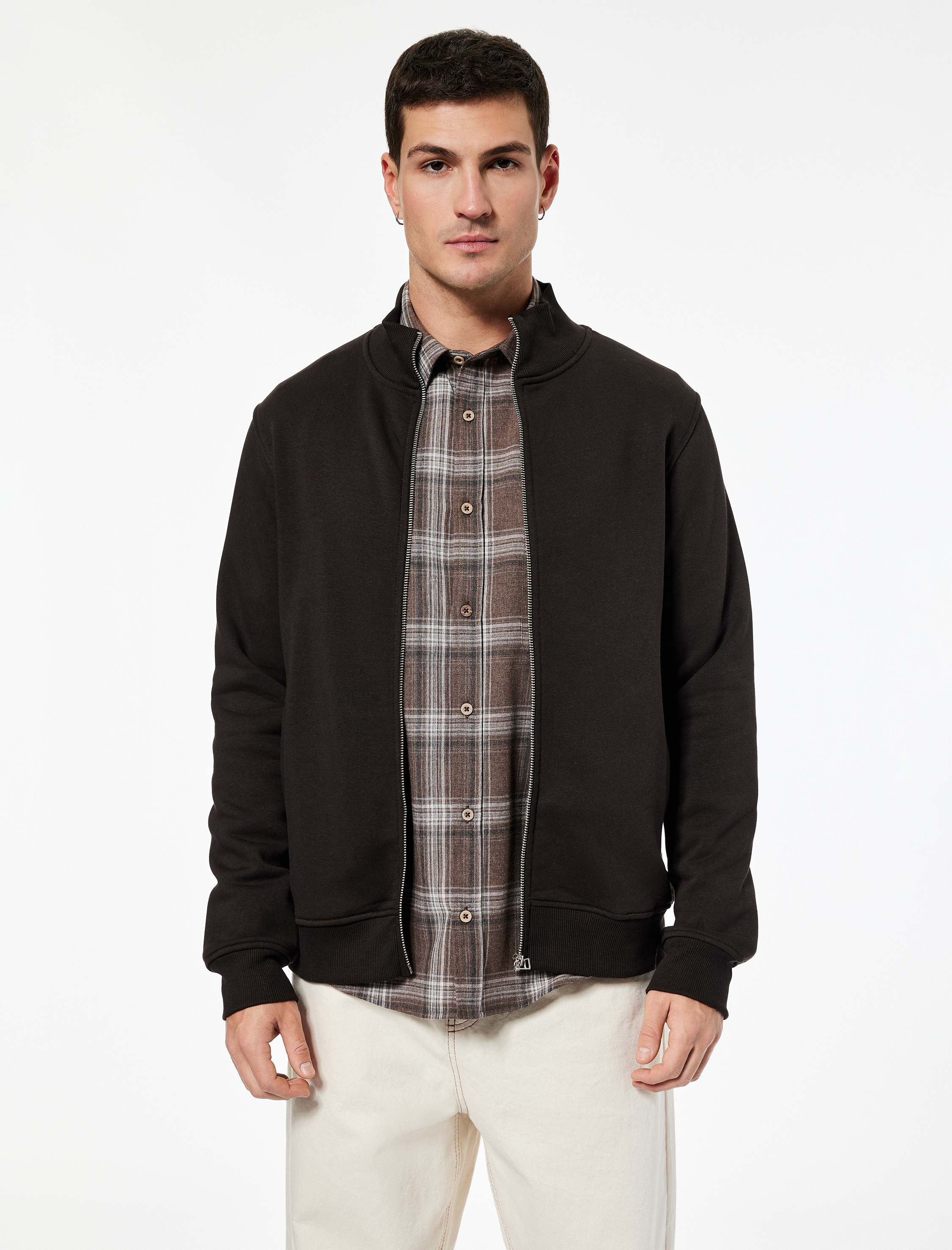   Şardonlu Uzun Kollu Cep Detaylı Basic Fermuarlı Hırka