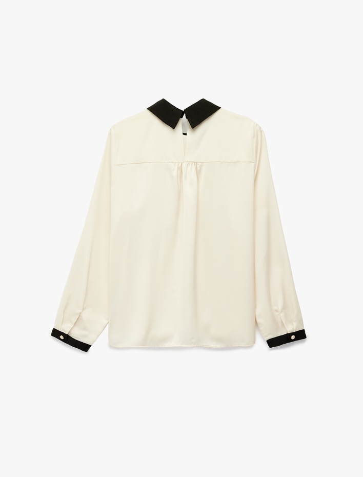  Metal Aksesuar Detaylı Uzun Kollu Gömlek Yaka Bluz