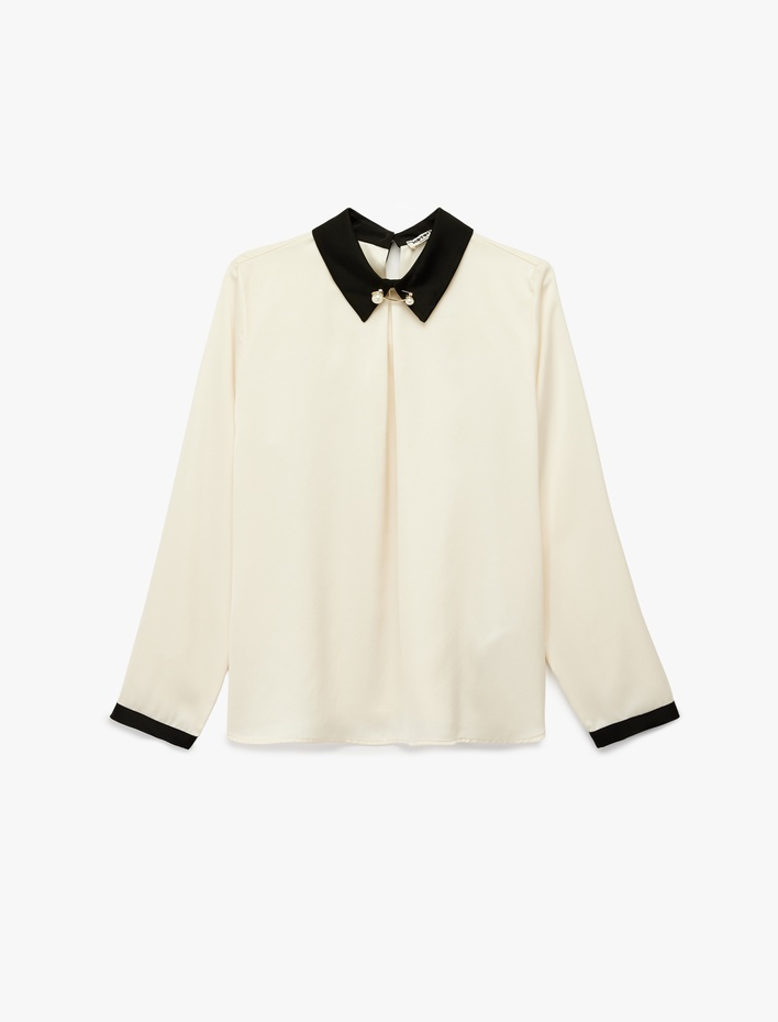  Metal Aksesuar Detaylı Uzun Kollu Gömlek Yaka Bluz