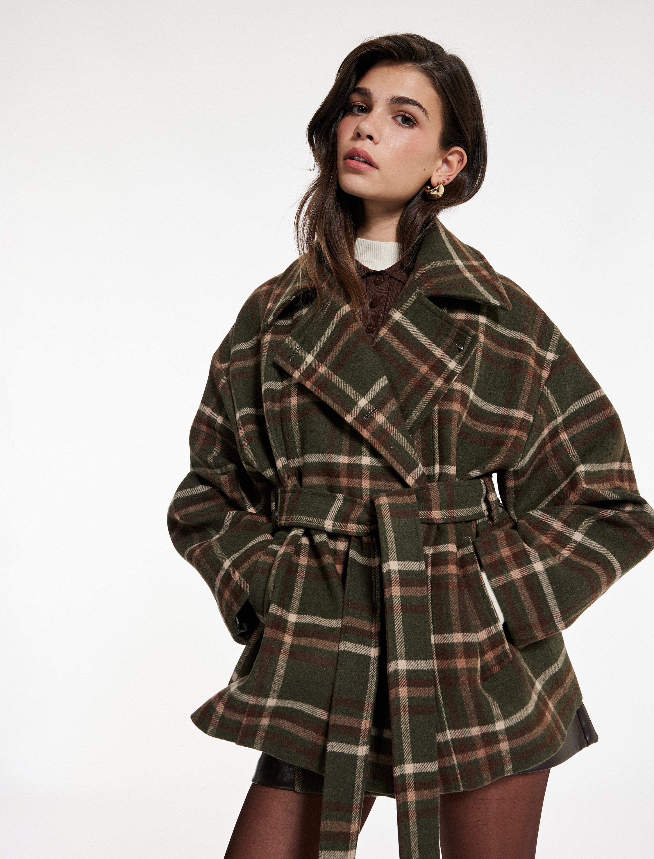   Koton X Sima Tarkan - Uzun Kollu Cepli Kruvaze Kemerli Ekose Kaşe Kaban