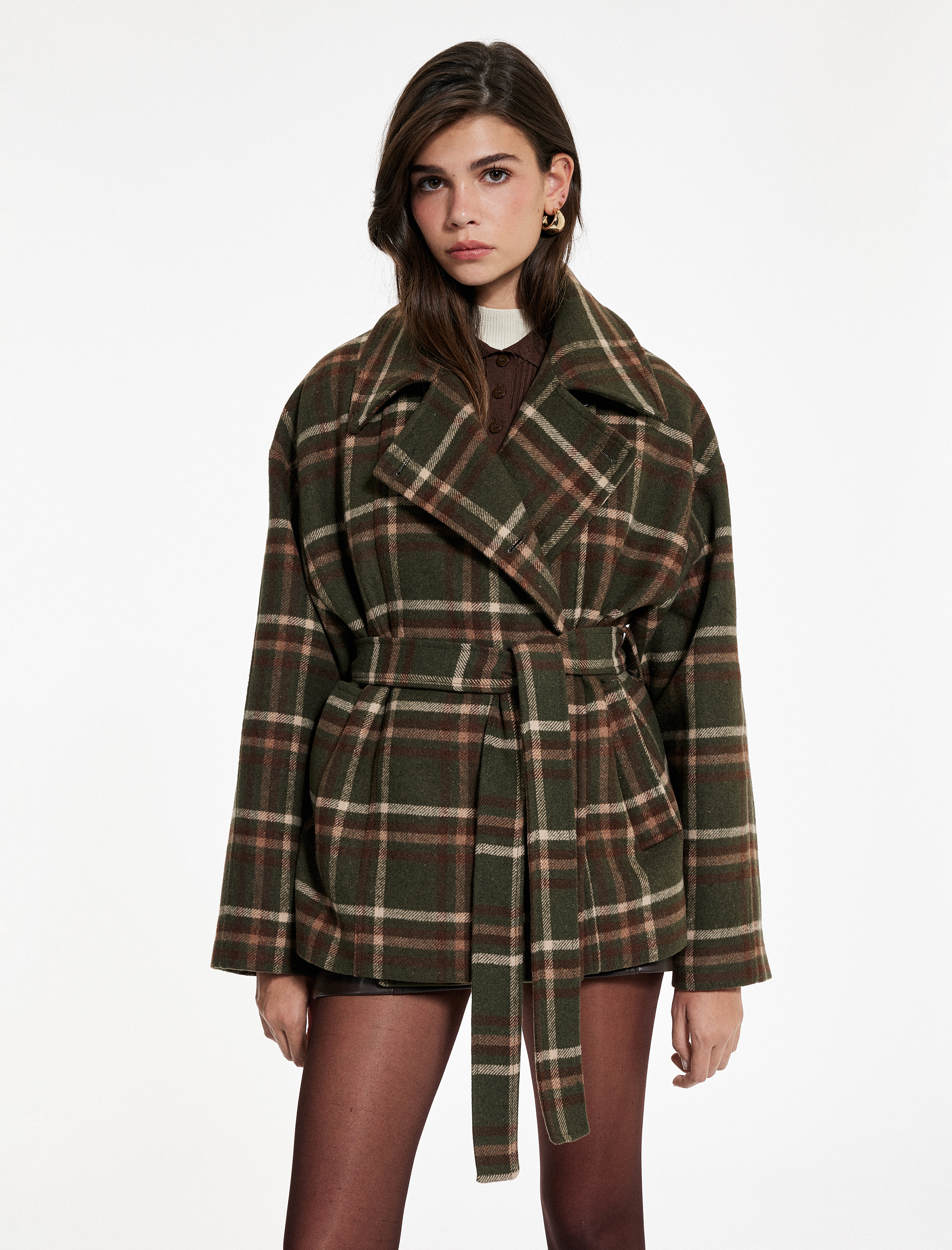   Koton X Sima Tarkan - Uzun Kollu Cepli Kruvaze Kemerli Ekose Kaşe Kaban