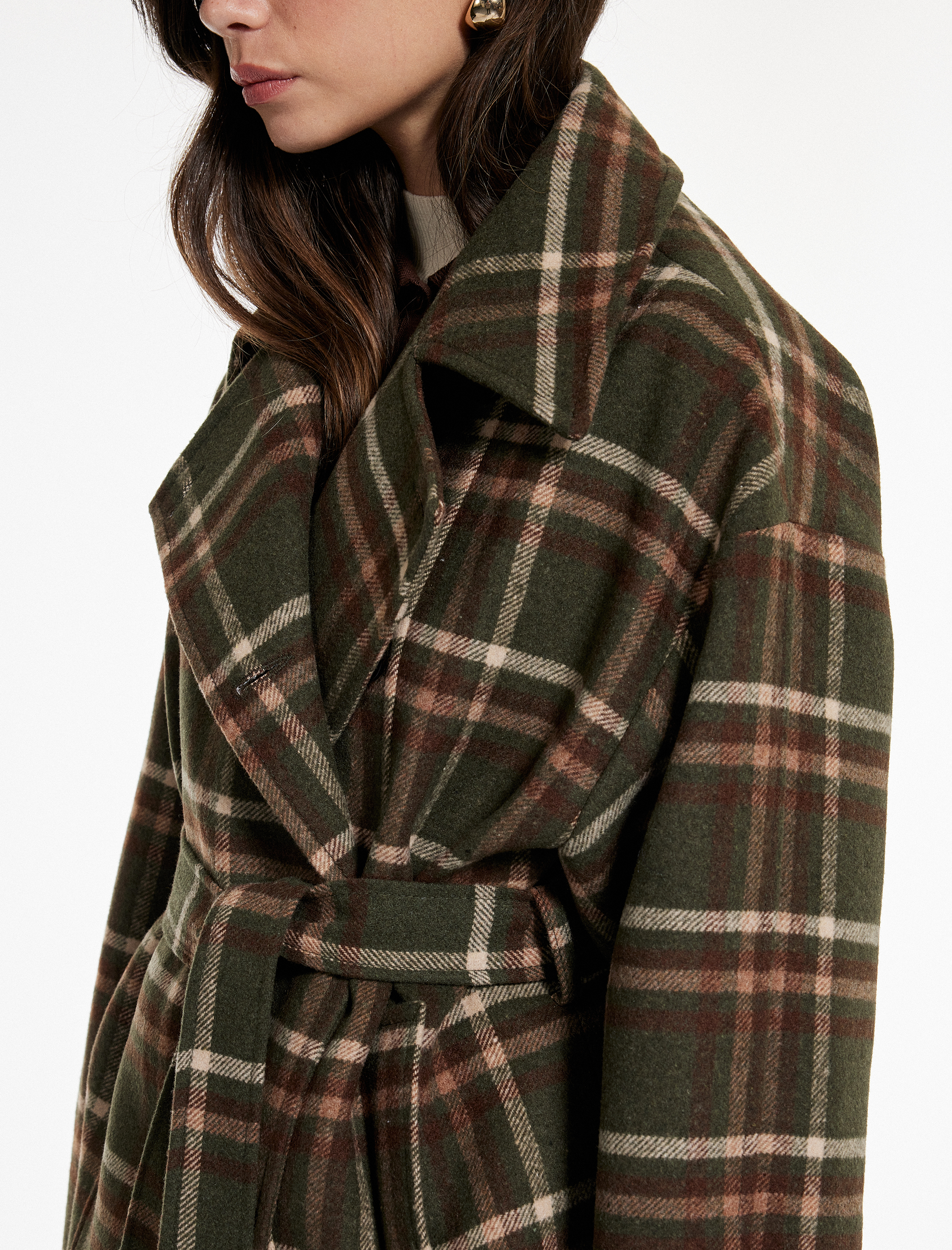   Koton X Sima Tarkan - Uzun Kollu Cepli Kruvaze Kemerli Ekose Kaşe Kaban