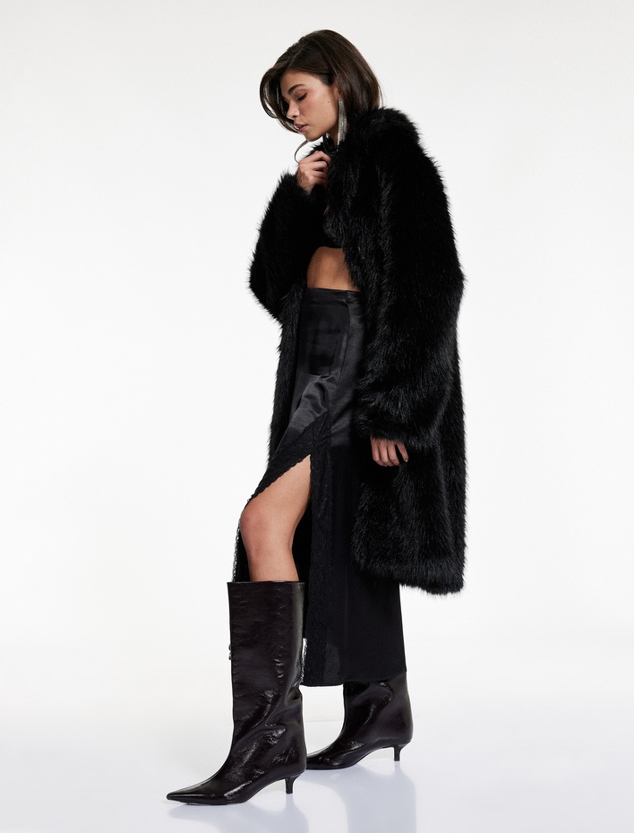  A Kesim Yırtmaçlı Dantel Detaylı Midi Saten Etek