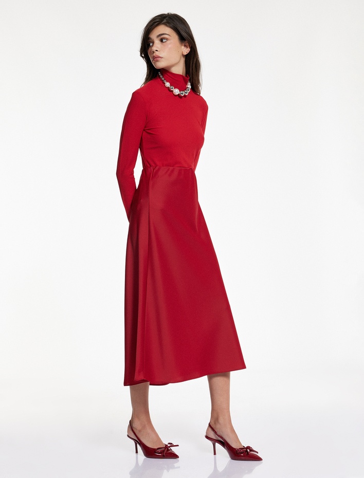  Slim Fit Beli Lastikli Midi Saten Etek