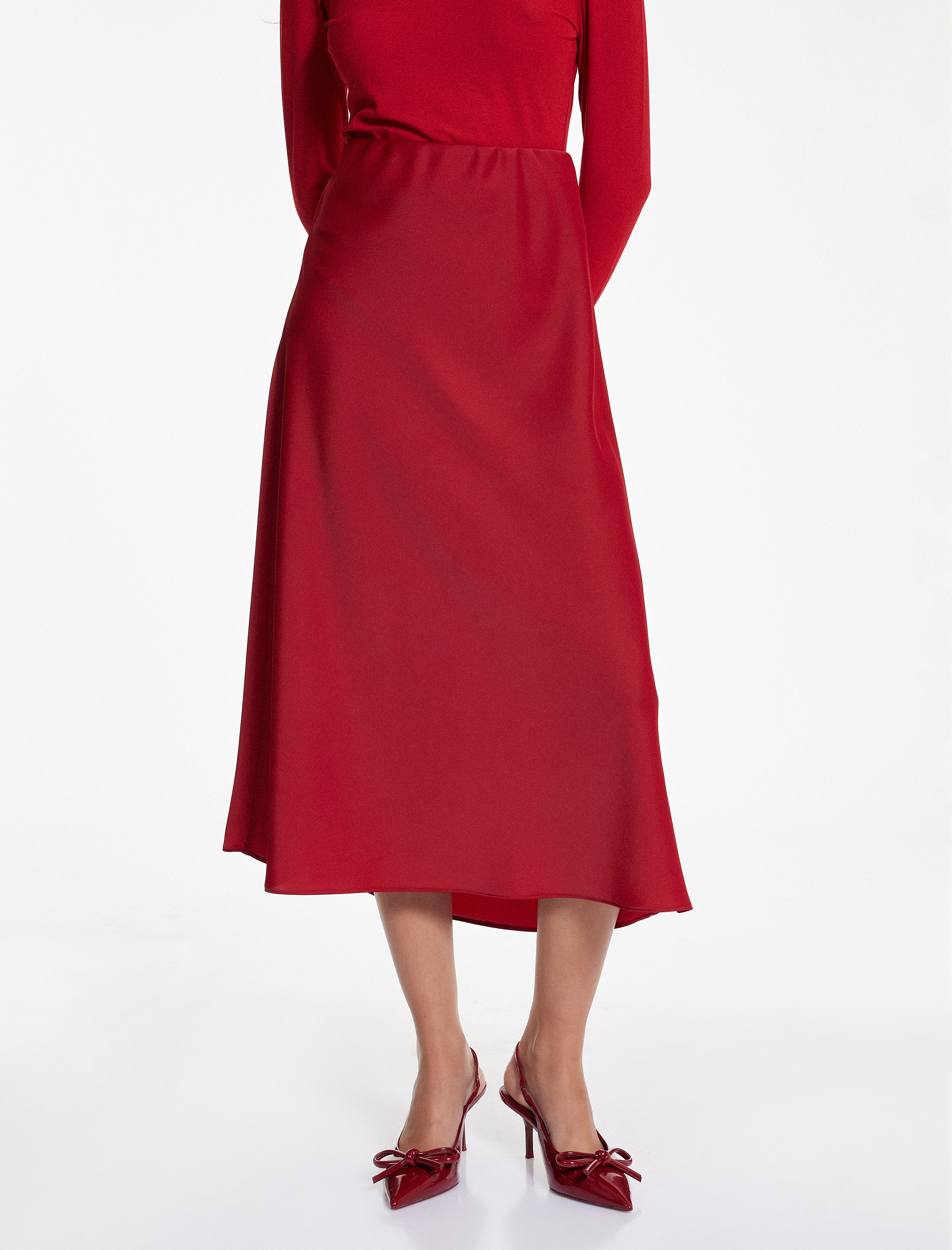   Slim Fit Beli Lastikli Midi Saten Etek