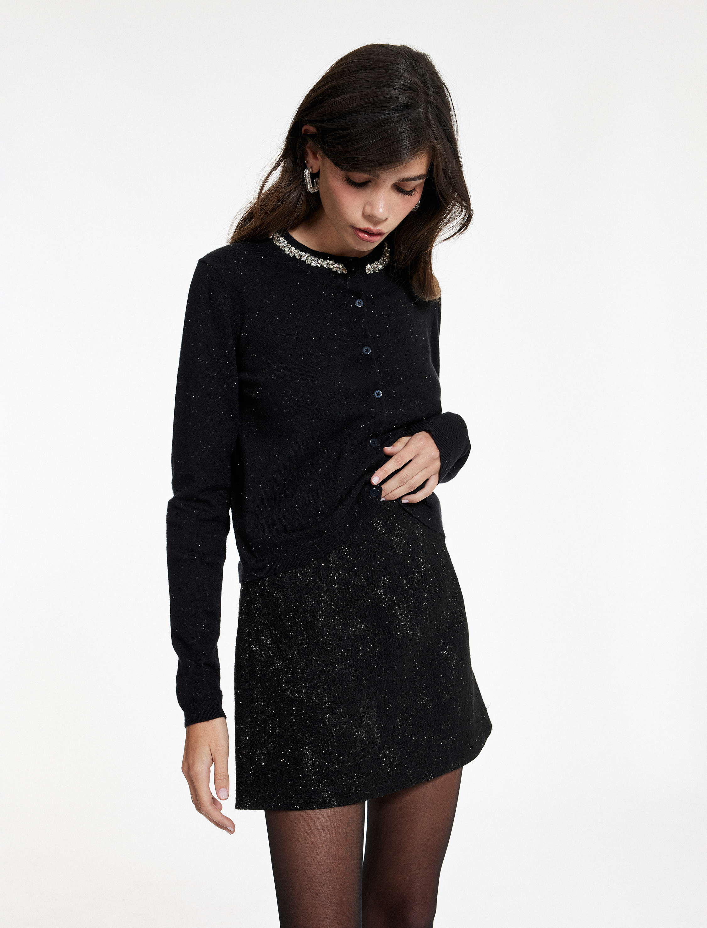   Slim Fit Metalik İplikli Detaylı Simli A Kesim Mini Etek