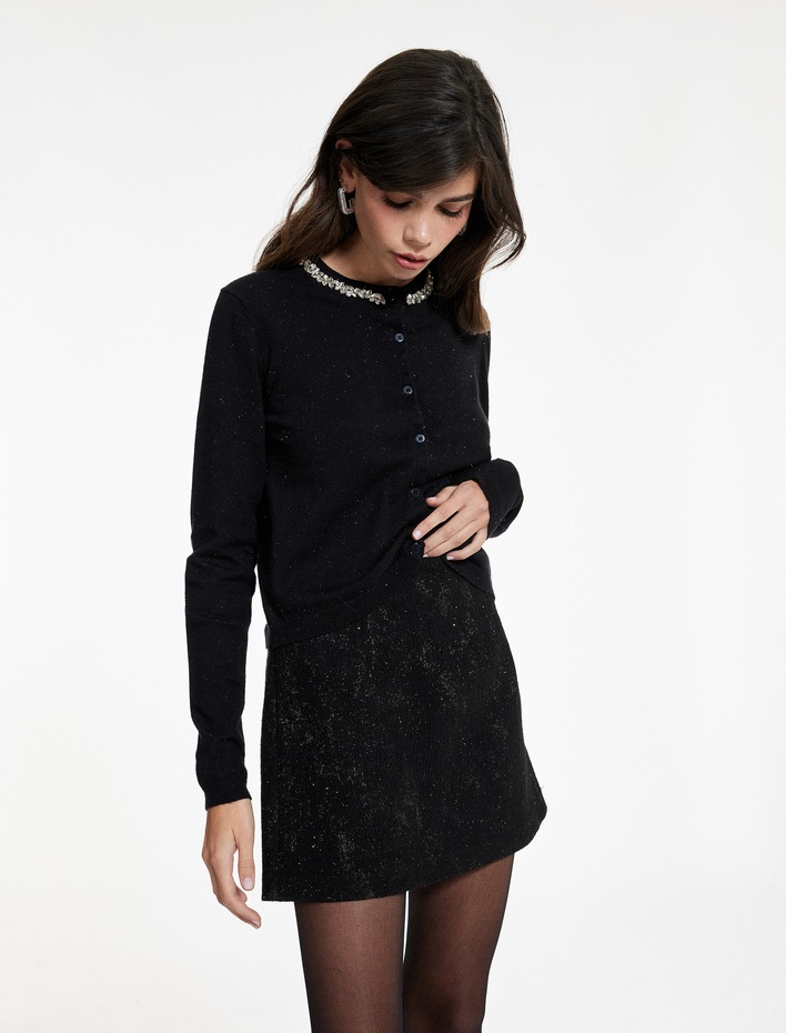  Slim Fit Metalik İplikli Detaylı Simli A Kesim Mini Etek