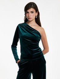 Uzun Kollu Tek Omuz Taşlı Kadife Bluz