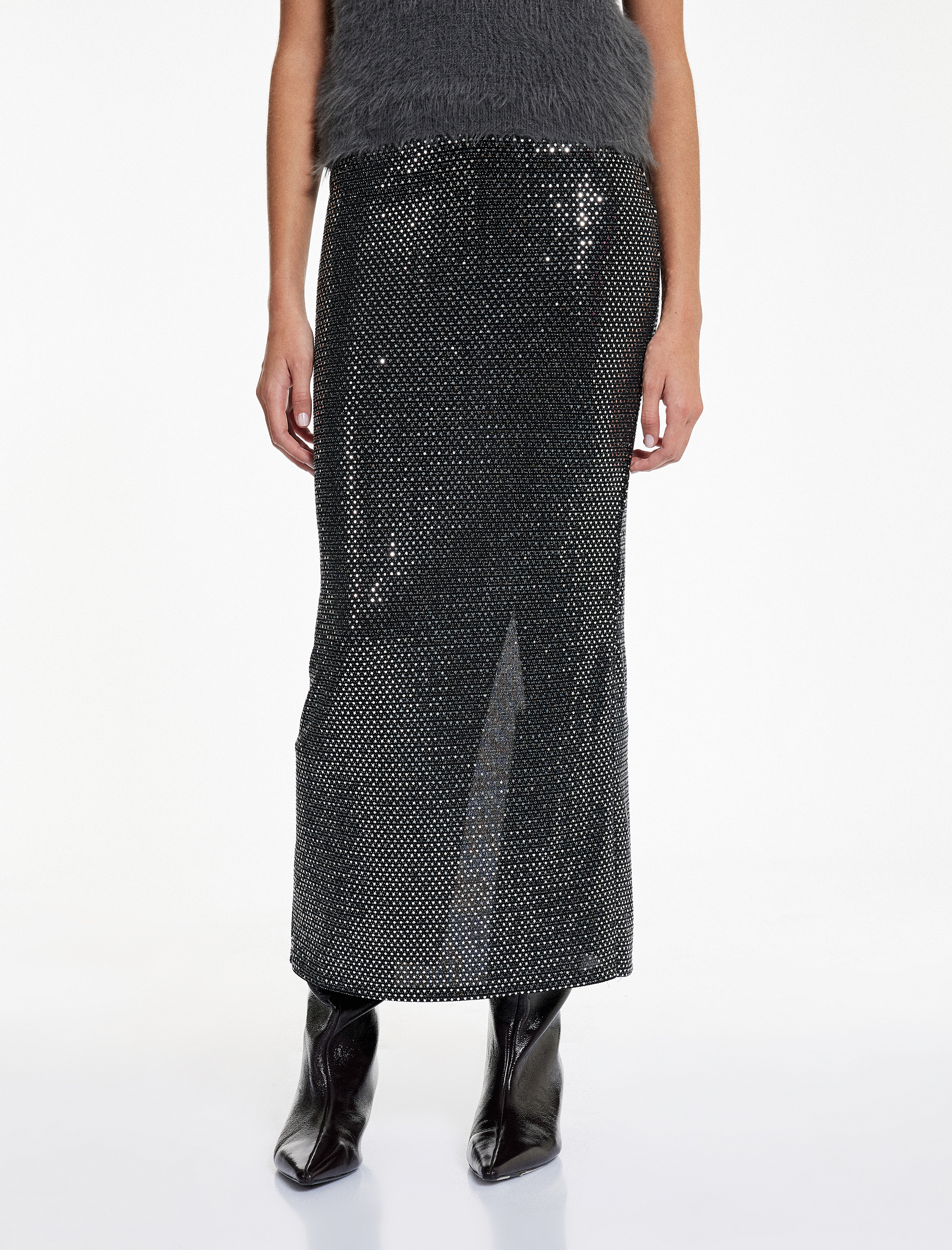   Slim Fit Yırtmaç Detaylı Yarı Transparan Midi Pullu Payetli Etek