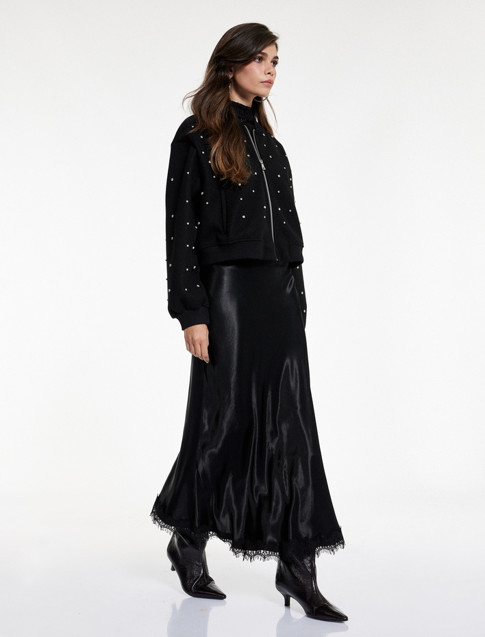  Slim Fit Dantel Detaylı Uzun Saten Etek