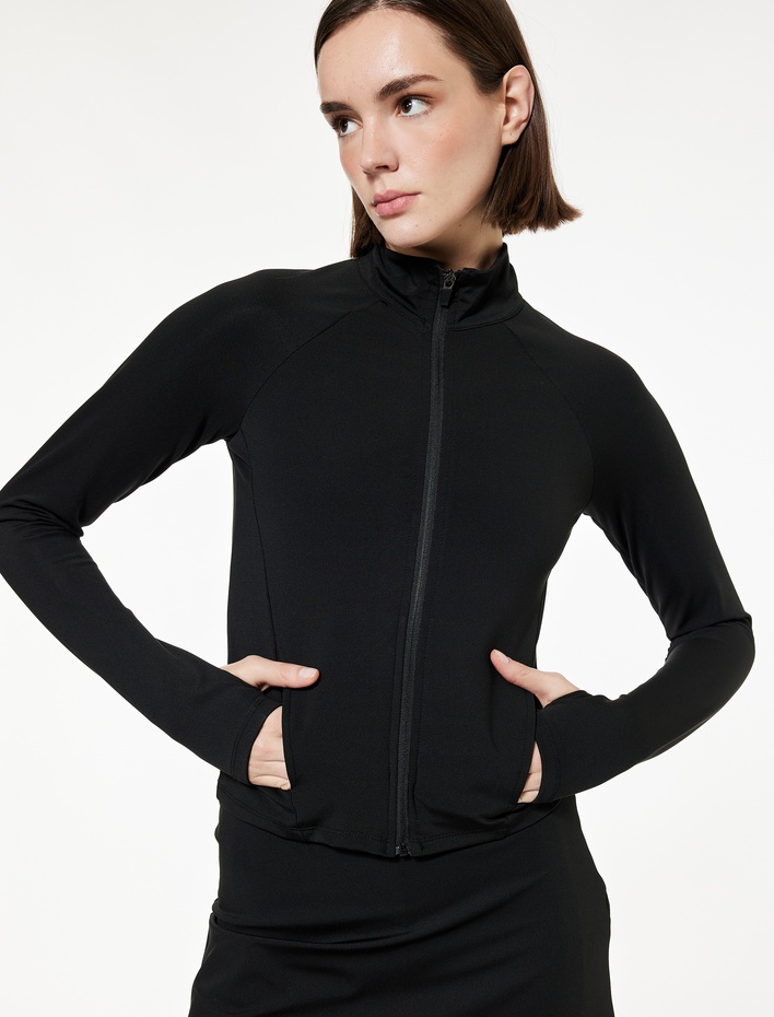  Slim Fit Dik Yaka Uzun Kollu Fermuarlı Spor Sweatshirt