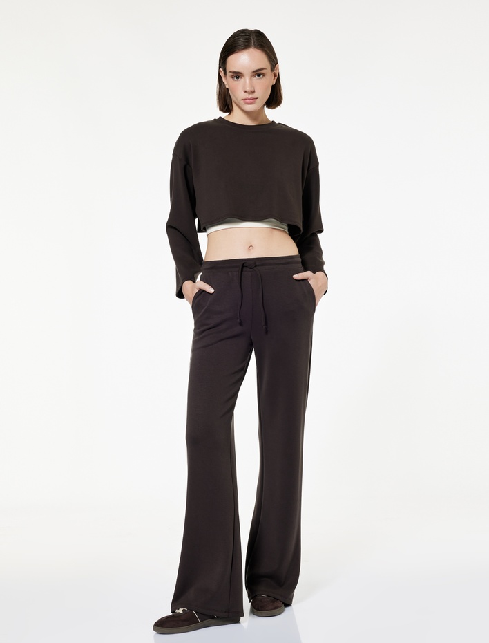  Uzun Kollu Bisiklet Yaka Oversize Spor Crop Sweatshirt