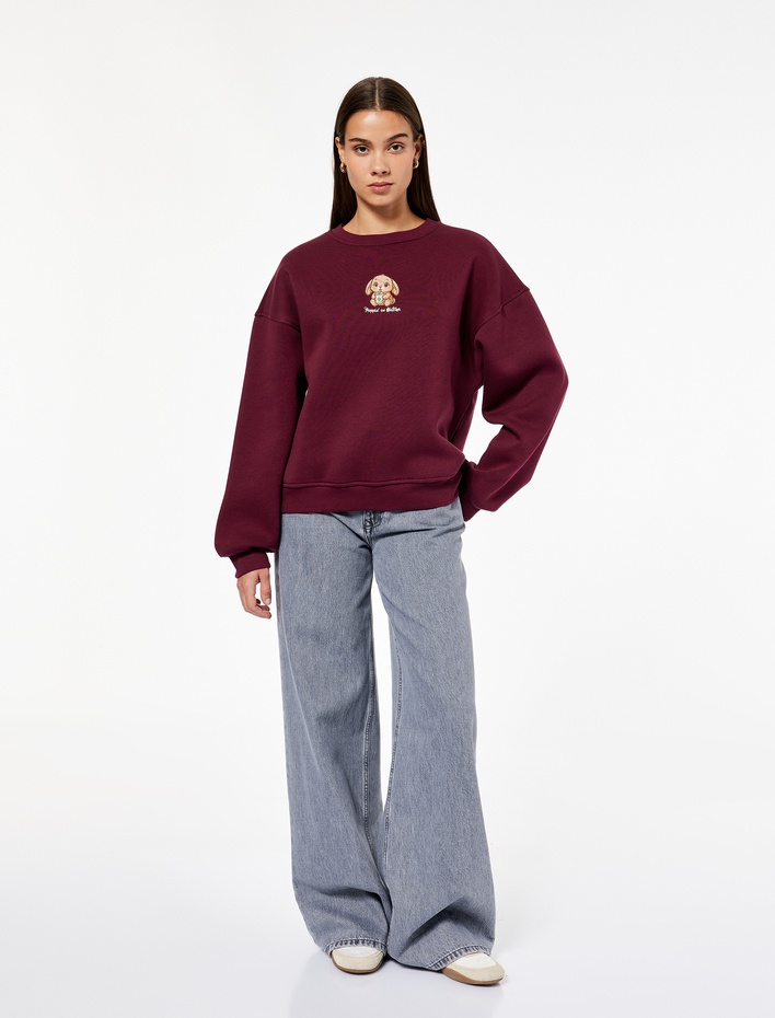  Uzun Kollu Bisiklet Yaka Köpek Nakışlı Oversize Sweatshirt