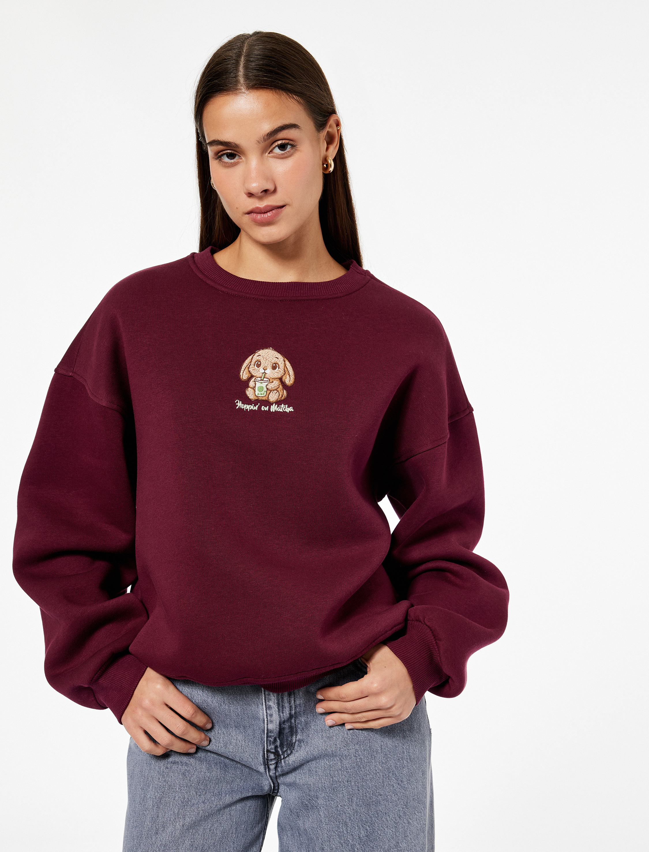   Uzun Kollu Bisiklet Yaka Köpek Nakışlı Oversize Sweatshirt