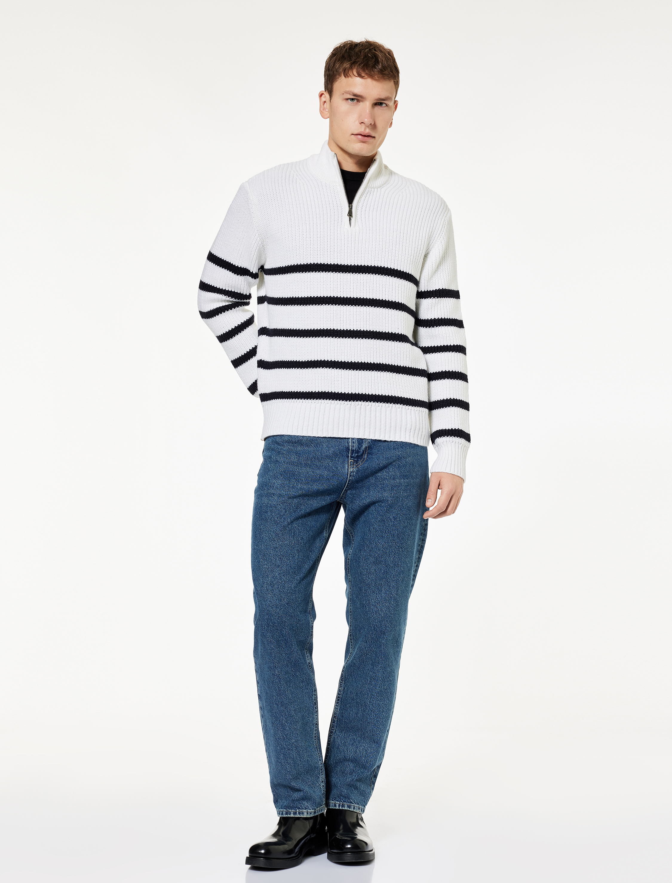   Uzun Kollu Çizgili Basic Yarım Fermuarlı Triko Kazak